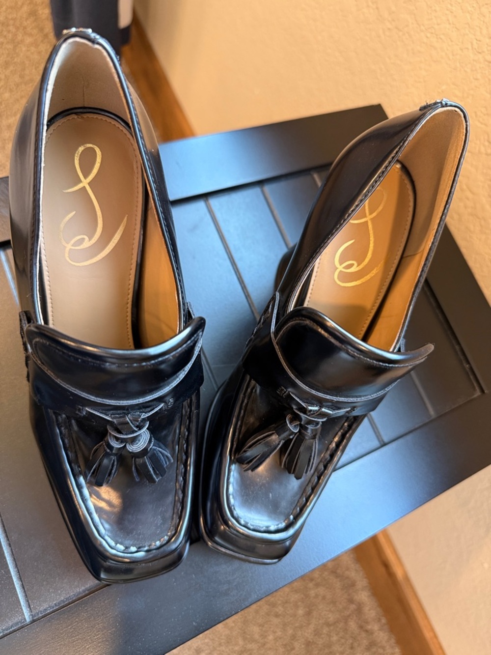 Black Tassel Platform Loafers - Women's High Heel Dress Shoes - Picture 2 of 6